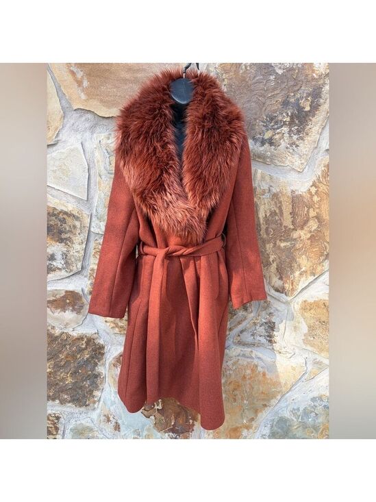 Zara Jackets & Blazers - Zara Manteco Wool Penny Lane Faux Fur Collar Trench Wrap Coat Size 16 Rust